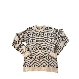 Cambridge Dry‎ Goods Vintage 100% Wool Diamond Knit Sweater XL Cream Black USA